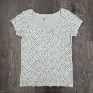Brandy Melville White Short Sleeve Henley with Tiny Floral Print